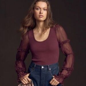 Anthropologie Plum Scoop-Neck Top with Sheer Ruffle Sleeves